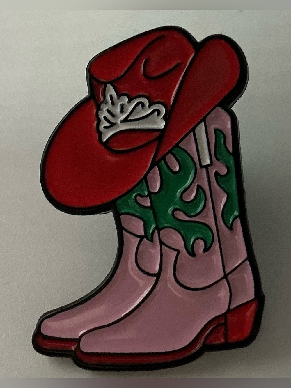 CUTE ENAMEL LAPEL PIN PINK RED COWBOY COWGIRL BOOTS AND HAT